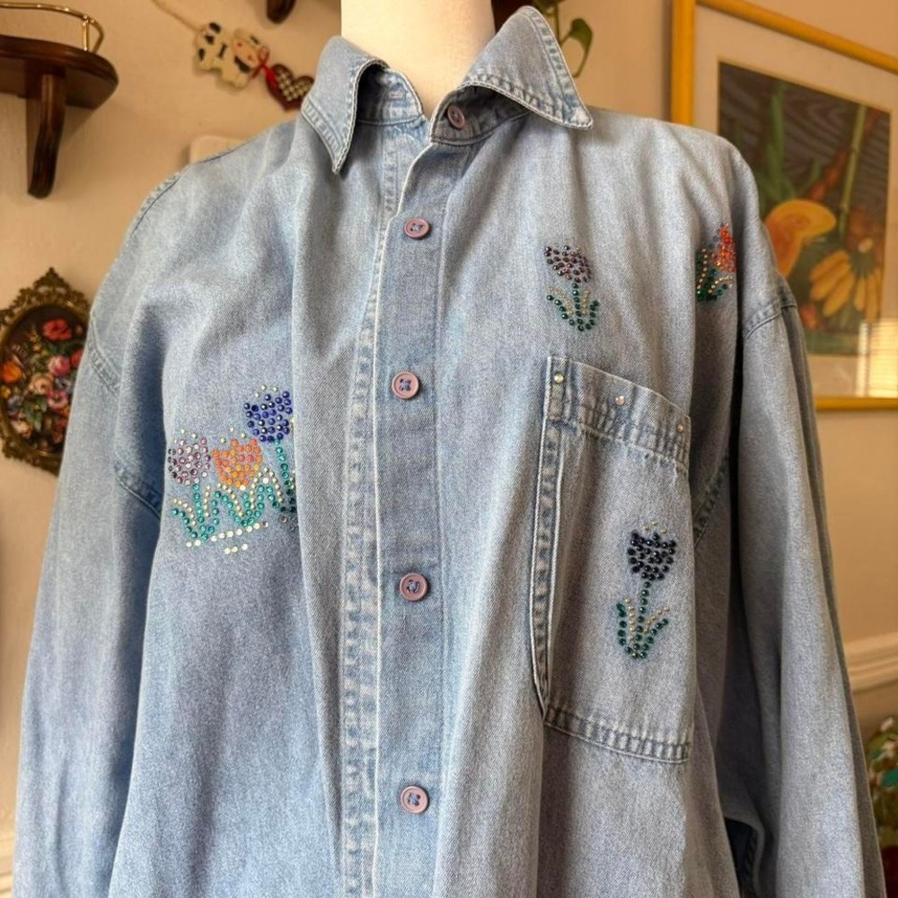 Vintage 90s Denim Button Up Floral Rhinestones Cottagecore Size Large